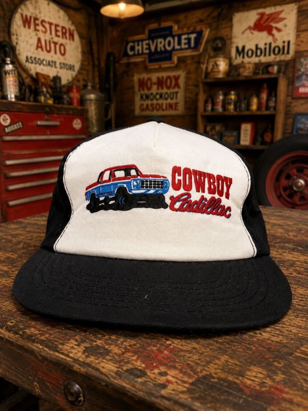 Vintage CTA Mens Trucker Hat Cowboy Cadillac Black & White Adjustable Back